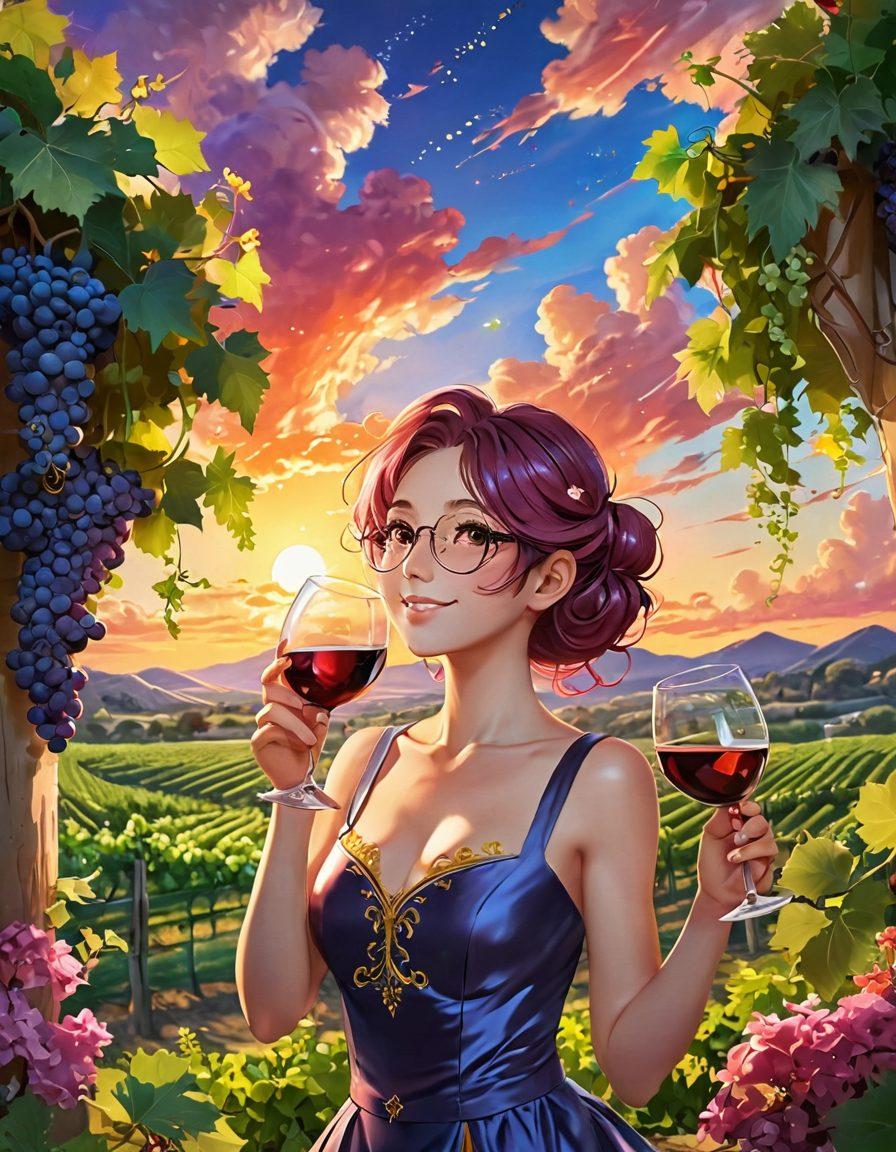 A whimsical scene featuring a colorful anime character joyfully sipping wine in a vineyard setting, surrounded by lush grapevines and vibrant flowers. The character's expression radiates delight, with sparkles around their head to symbolize joy. In the background, stylized anime clouds and a bright sunset enhance the atmosphere, while whimsical wine bottles and glasses float around. The overall vibe should be colorful and enchanting. vibrant colors. anime style. dreamy background.