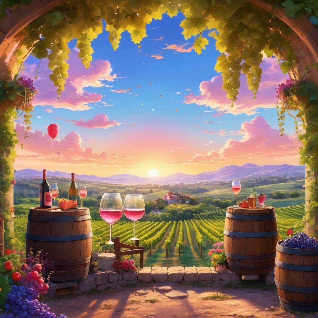 A whimsical anime-styled vineyard scene where cheerful characters are tasting wine, surrounded by lush grapevines, colorful barrels, and sparkling glasses clinking together. The sky is filled with pastel hues of sunset, adding a magical touch. Incorporate playful elements like talking grapes and animated wine bottles to enhance the joy of the journey. vibrant colors. anime-style.