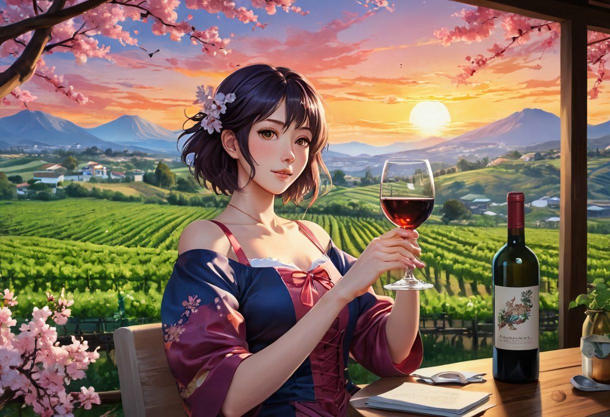 A whimsical scene featuring a vibrant anime character joyfully swirling a glass of wine against a backdrop of lush vineyards and anime-inspired illustrations of wine bottles. Incorporate elements like cherry blossoms falling, a colorful sunset, and subtle references to various anime styles in the details. The character's expressive face should exude creativity and joy, capturing the fusion of anime culture and wine appreciation. super-realistic. vibrant colors. dynamic composition.